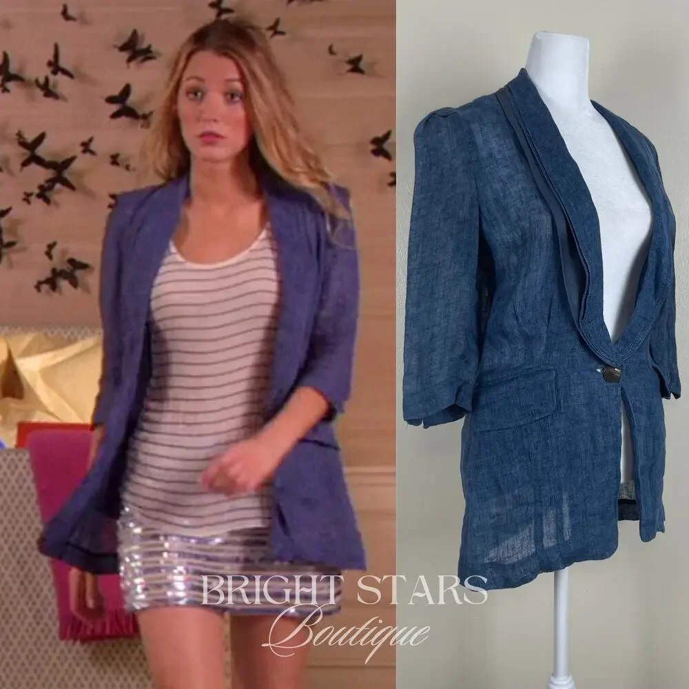 Rare Blue Linen Blazer Jacket ASO Serena Van Der Woodsen Gossip Girl Y2K - Picture 4 of 12